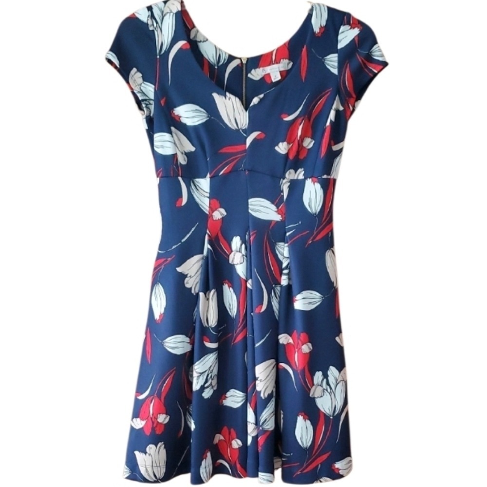 Dressbarn Blue Floral Womans Inverted Pleat Knee Length Dress Size 6